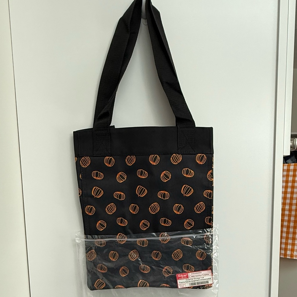 Thirty-One Black Essential Storage Tote w/ Sketched Pumpkins Orange Pattern - Picture 2 of 7